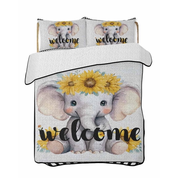 Cute Elephant Quilts Bedding Set California King Welcome Words Animal Flower Film Boundary Linen Texture Lightweight Quilted Bedspread 3 Piece Bed Quilt with 2 Pillow Shams for Bedroom 96" x 106"