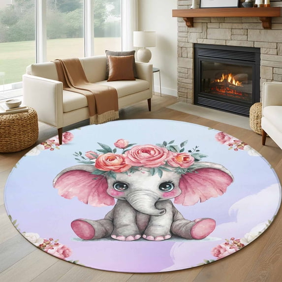 Cute Elephant Round Area Rug 5ft, Spring Floral Botanical Animal Watercolor Washable Non-Slip Circle Rugs for Bedroom Living Room Kitchen, Soft Low Pile Carpet for Dining Room Playroom Nursery