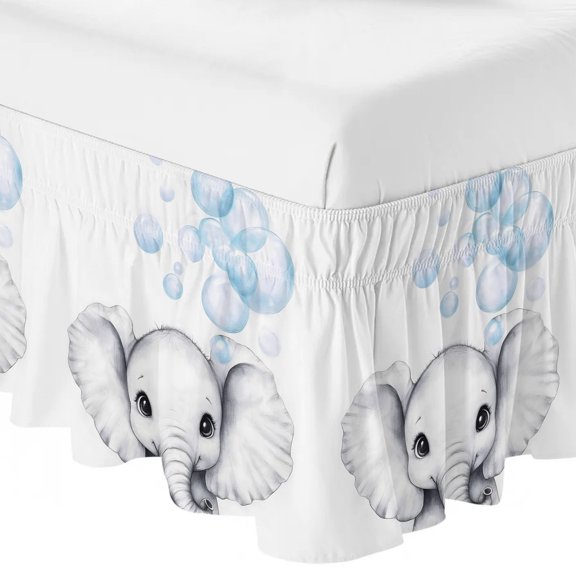 Cute Elephant Ruffle Bed Skirt Queen Size Blue Watercolor Bubbles Adjustable Elastic Dust Bed Skirts Wrap Around Bedskirt Wrinkle Free Easy Fit with 18 Inch Drop