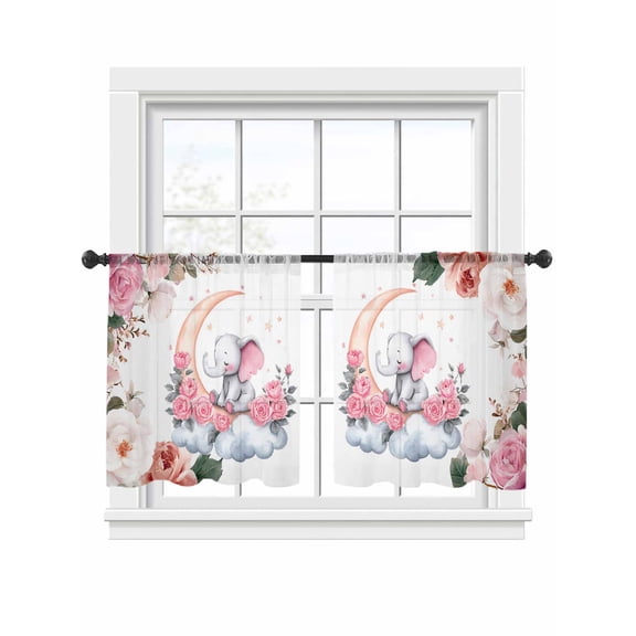 Cute Elephant Sheer Curtains 2 Panels Set Spring Pink Watercolor Floral Moon Cloud Sheer Window Curtains Light Filtering Rod Pocket Voile Drapes for Bedroom Living Room 52"x54"