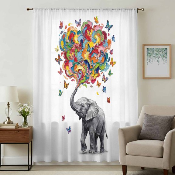 Cute Elephant Sheer Curtains 45 Inches Long for Bedroom, Modern Abstract Oil Painting Aesthetic Light Filtering Privacy Drapes, Breathable Semi Sheer Short Window Treatment for Kitchen Cafe Bathroom