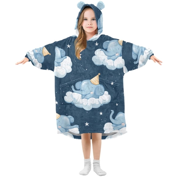 Cute Elephant Sleeping on Clouds Flannel Wearable Blankets Hooded Design Long Sleeves Wrap Unisex for 3T-14Y S