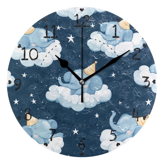 Cute Elephant Sleeping on Clouds Round Wall Clock Silent Analog Battery Operated Black Pointer Home Decor 9.84" Diameter