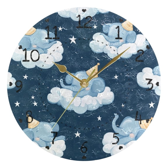 Cute Elephant Sleeping on Clouds Round Wall Clock Silent Analog Battery Operated Gold Pointer Home Decor 9.84" Diameter