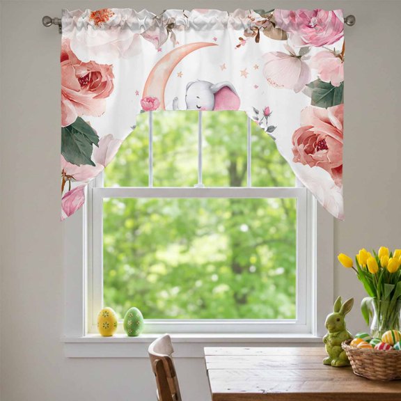 Cute Elephant Swag Valances for Kitchen Window, Spring Pink Watercolor Floral Moon Cloud Small Swag Valances Rod Pocket Curtain Drapes Window Treatment for Bedroom Bathroom, 56x36 Inch