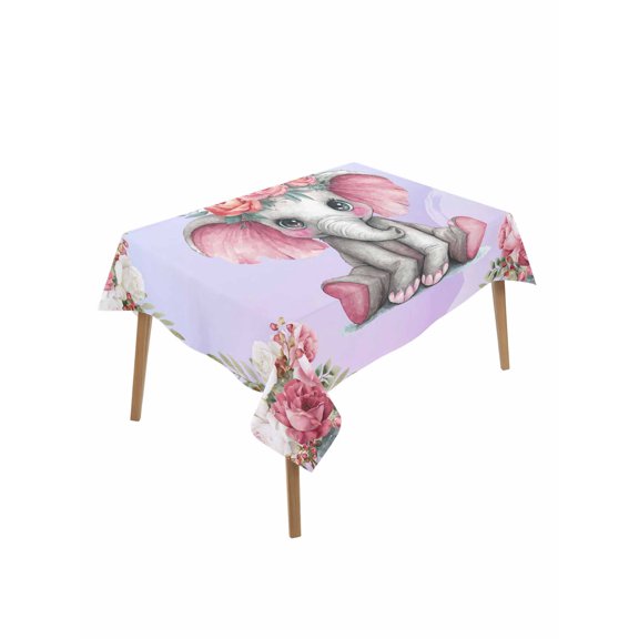 Cute Elephant Table Cloth, Waterproof Tablecloth for Rectangle Tables, Spring Floral Botanical Animal Watercolor Reusable Washable Fabric Table Cover for Restaurant Kitchen Dining Tables 60"x102"