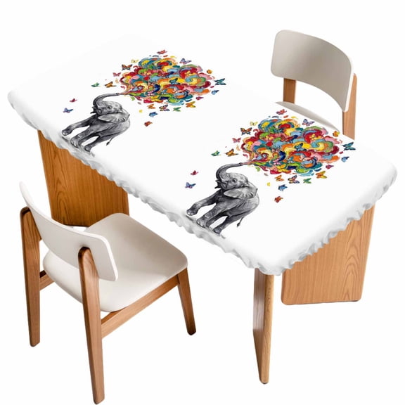 Cute Elephant Table Cloths for 4 Foot Rectangle Tables, Modern Abstract Oil Painting Aesthetic Patio Waterproof Elastic Fitted Tablecloths, Washable Rectangular Table Cover for Camping