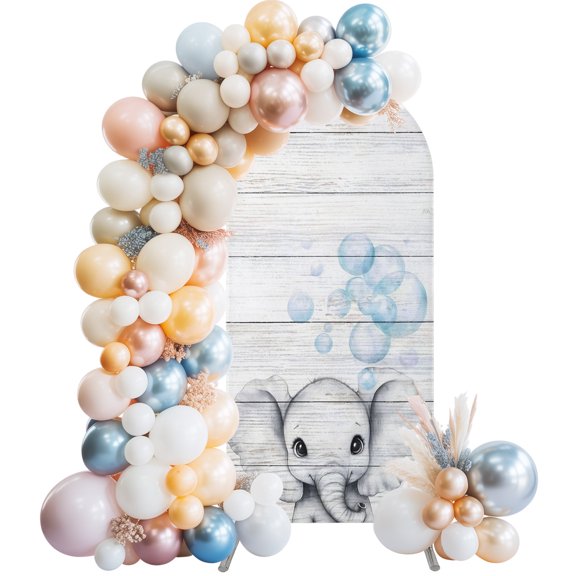 Cute Elephant Wedding Arch Cover, Stretchy Spandex Arch Backdrop Stand Covers 4 FT, Funny Bubbles Wooden Grain Round Top Arched Backdrop Cover for Birthday Party Ceremony Baby Shower Event