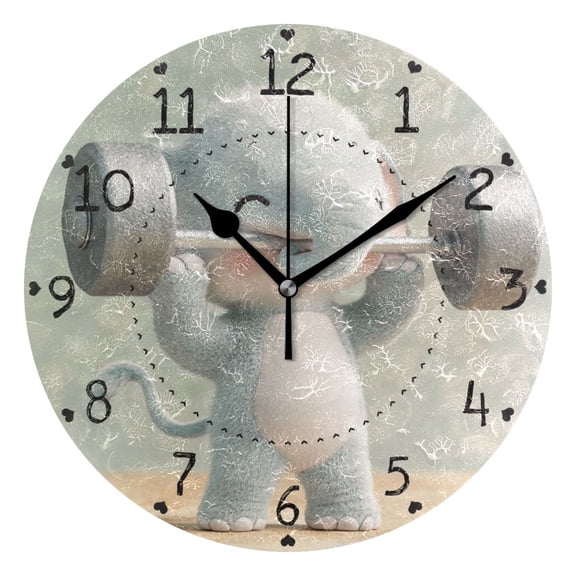 Cute Elephant Weightlifting Round Wall Clock Silent Analog Battery Operated Black Pointer Home Decor 9.84" Diameter