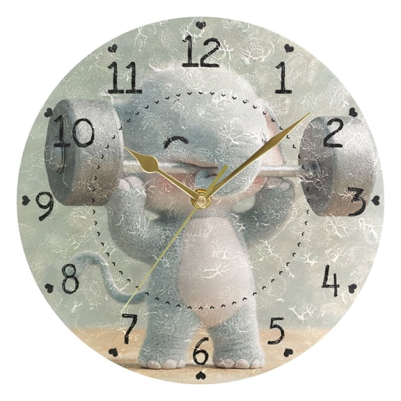 Cute Elephant Weightlifting Round Wall Clock Silent Analog Battery Operated Gold Pointer Home Decor 9.84" Diameter