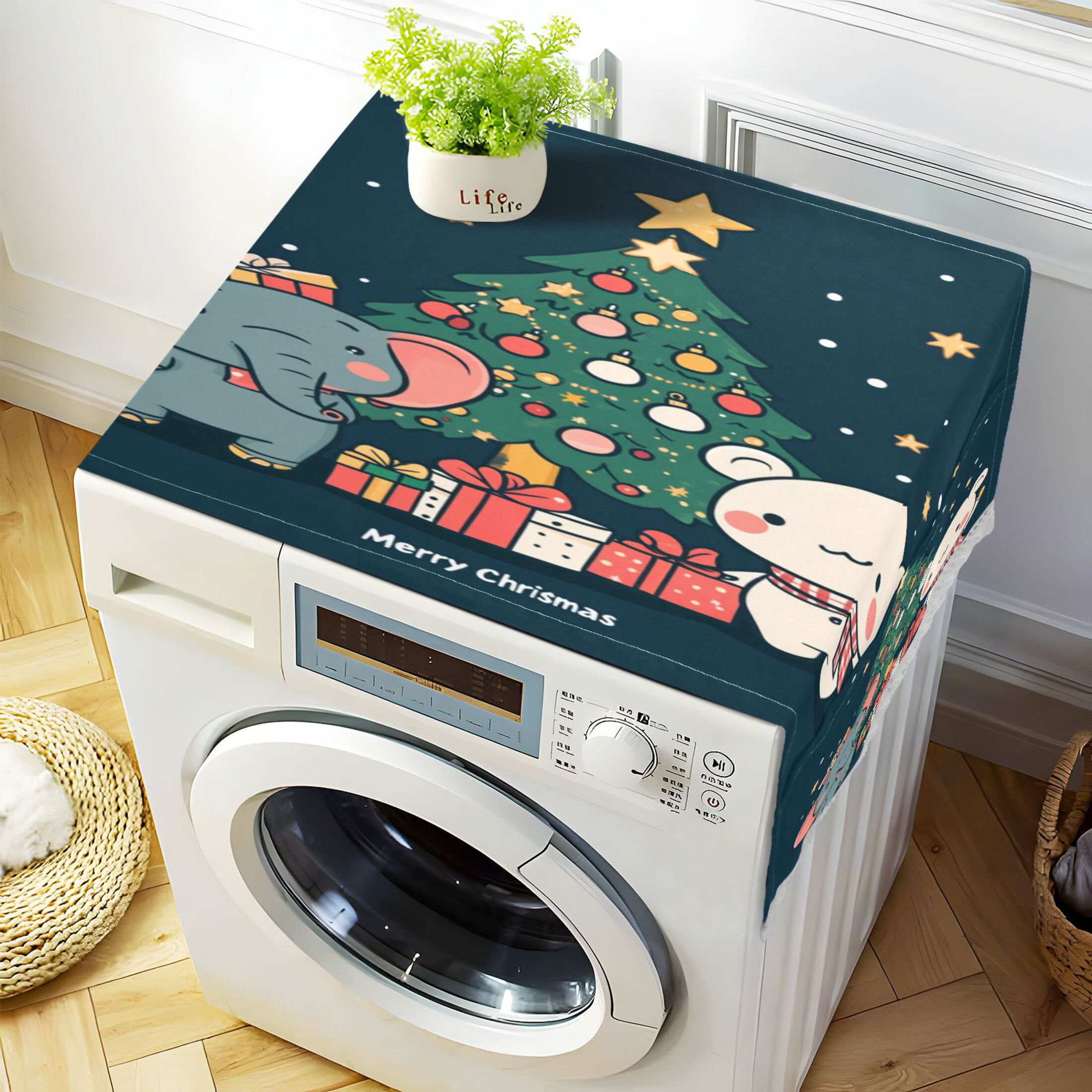 Cute Elephant and White BearWasher and Dryer Covers Dust-Proof and Oil Resistant Fridge Cover with 4 Storage Pockets Washing Machine Top Cover for Laundry Kitchen Home 51.2 x 22 In