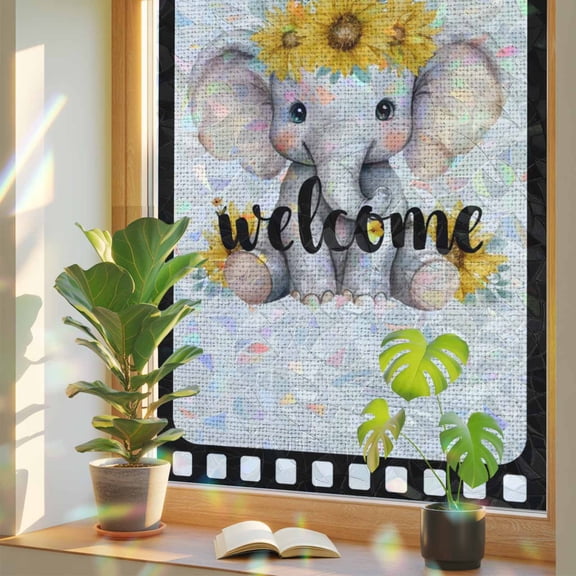 Cute Elephant Window Privacy Film, Welcome Words Animal Flower Film Boundary Linen Texture Stained Glass Rainbow Film Decorative Window Clings, Static Cling Sun Blocking Stickers 17.7" x 39.3"