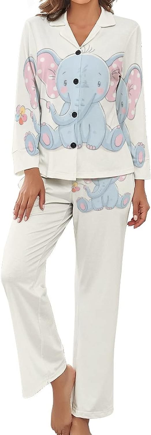 Cute Elephant Women's Pajamas Set Button Down Sleepwear PJ Set Loungewear Night Suit with Pocket