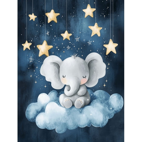 Cute Elephant and Stars Canvas Print/Wall Art, Suitable for Nursery Decor, Bedroom Decor, Living Room Decor, Kids Room Decor, and Playroom Decor.