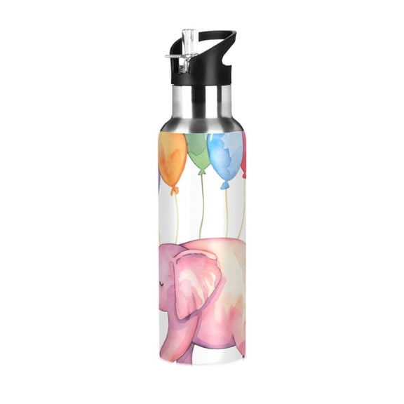 Cute Elephant with Colorful Ballons Watercolor Sports Bottle with Straw Stainless Steel Water Jug Portable Thermal Cup Leak-proof 600ML