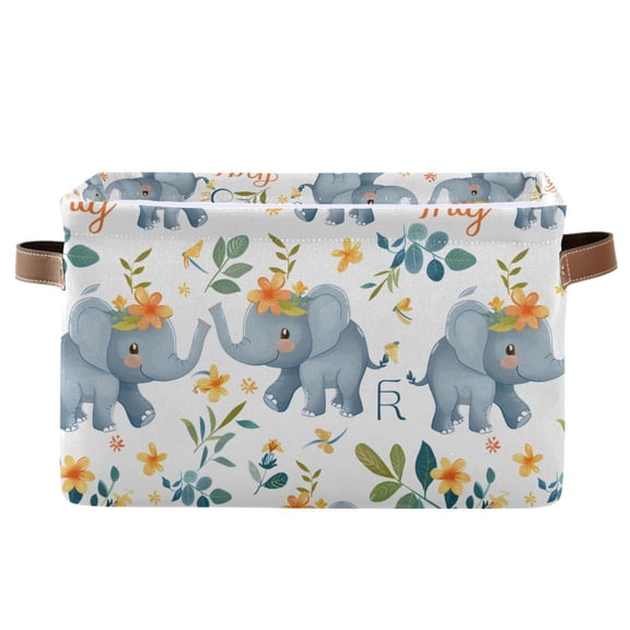 Cute Elephant with Flower Storage Bins with Handle Fabric Organizer Basket Foldable Box 1 Pack 14.2x10.2x8.3