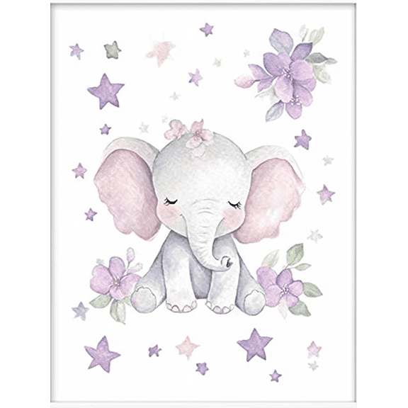 Cute Elephant with Flowers and Stars Canvas Wall Art Perfect for Nursery Bedroom Living Room Girl's Room and Playroom Decoration.