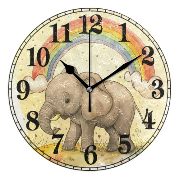Cute Elephant with Rainbow Silent Wall Clock 10" Non-Ticking Battery Clock