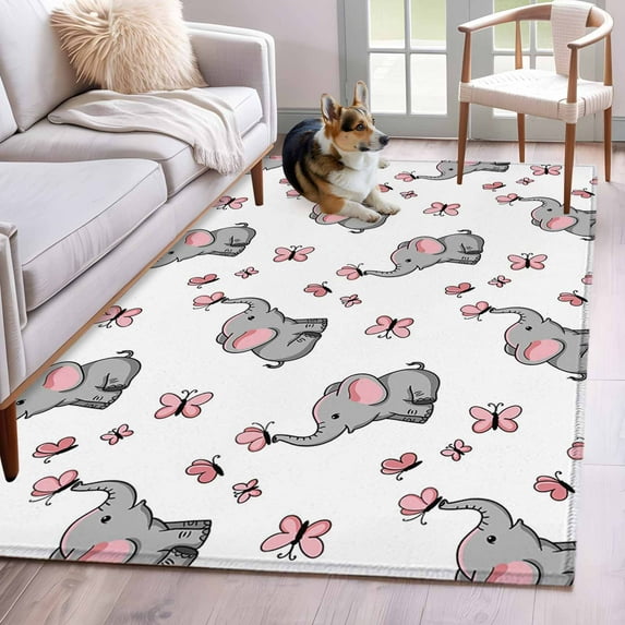 Cute Elephants Area Rug 3x5 Washable Rug Non Slip Cartoon Funny Butterflies Pink Large Area Rug Indoor Floor Carpet for Entryway Bedroom Kitchen Living Room Home Office Dining Room Nursery