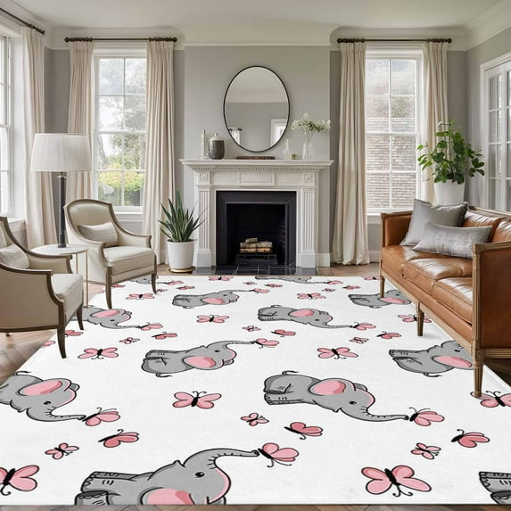 Cute Elephants Area Rug 5x7 Washable Rug Non Slip Cartoon Funny Butterflies Pink Large Area Rug Soft Stainresistant Indoor Floor Carpet for Living Room Bedroom Home Office Dining Room Nursery