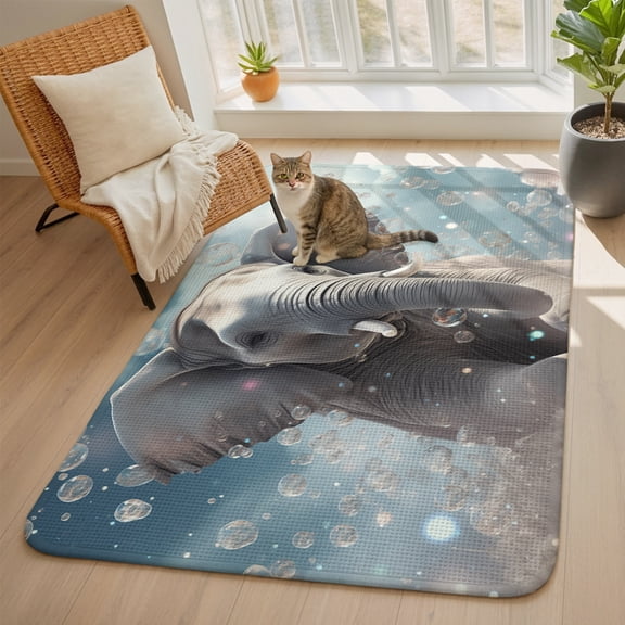 Cute Elephants Area Rugs for Living Room 5x6, Fantasy Bubbles Washable Area Rug with Non Slip Backing, Stain Resist Linen Carpet for Bedroom, Dining Room, Entryway, Entrance