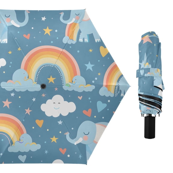 Cute Elephants Clouds Rainbows Hearts Stars All Weather Umbrella Triple Folding Parasol 6 Ribs UV Protection Portable
