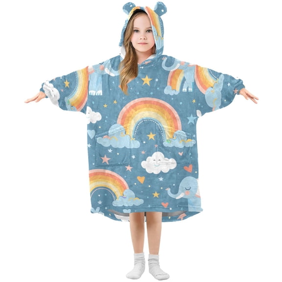 Cute Elephants Clouds Rainbows Hearts Stars Flannel Wearable Blankets Hooded Design Long Sleeves Wrap Unisex for 3T-14Y S