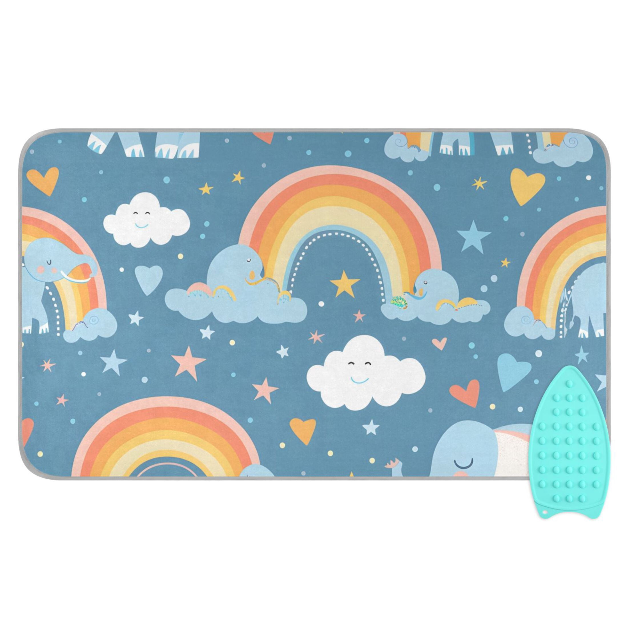 Cute Elephants Clouds Rainbows Hearts Stars Ironing Mat Blanket Portable Travel Ironing Pad Heat Resistant Pad 47.2" x 27.6”