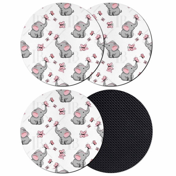 Cute Elephants Coasters Set of 4, Absorbent Coasters for Drinks, Cartoon Funny Butterflies Pink Coaster for Desk Coffee Table Protection, Home Decor House Warming Gifts 4"