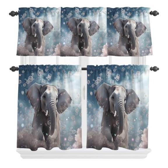 Cute Elephants Curtain Valances Set Fantasy Bubbles Kitchen Curtains 36 inch Length Rod Pocket Valance and Tiers 3 Piece Set Small Bedroom Bathroom Laundry Decor