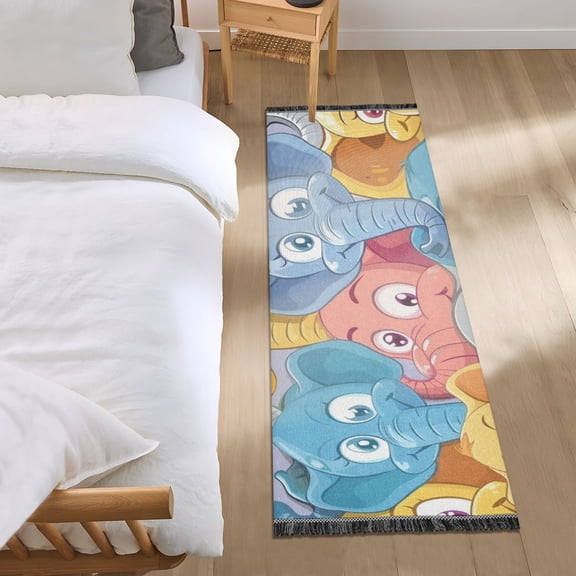 Cute Elephants Head Runner Area Rug 2x6 Soft Non-Slip Washable Bedside Carpet for Hallway Bedroom Living Room Home Decor
