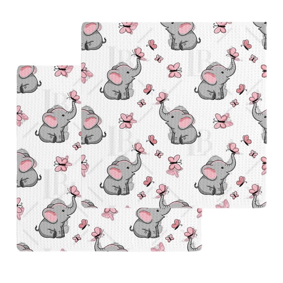 Cute Elephants Kitchen Dish Towels for Drying Dishes Set of 2, Cartoon Funny Butterflies Pink Waffle Weave Microfiber Hand Tea Bathroom Towels Quick Dry & Absorbent Towel 12x12