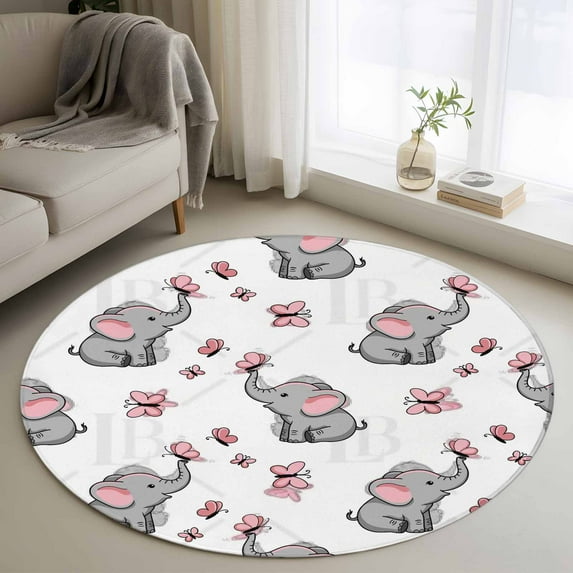 Cute Elephants Round Rug 3ft Washable Circle Entryway Rugs Non Slip Cartoon Funny Butterflies Pink Area Rug Indoor Floor Carpet for Bedroom Kitchen Living Room Home Office Dining Room Nursery