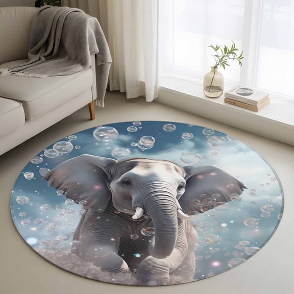 Cute Elephants Round Rugs for Living Room 3ft Fantasy Bubbles Non Slip Circle Rug Washable Low-Profile Indoor Carpet for Bedroom, Dining Room, Bathroom