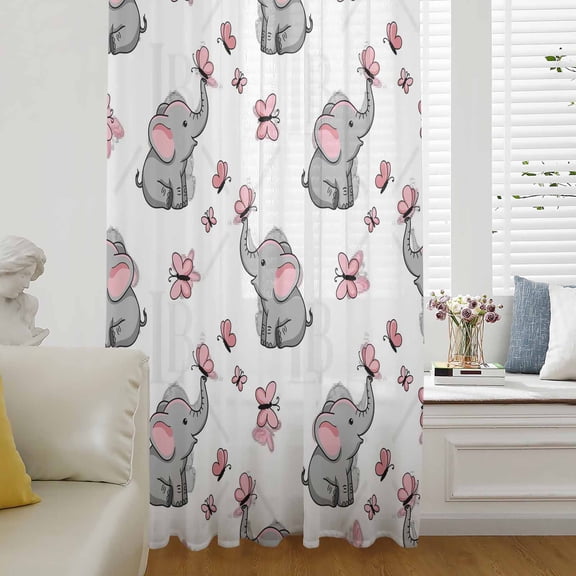Cute Elephants Semi Sheer Curtains Drapes for Living Room, Bedroom, French Doors Window 45 Inches Long, Cartoon Funny Butterflies Pink Rod Pocket Chiffon Curtain Drapery Voile Draperies Panel
