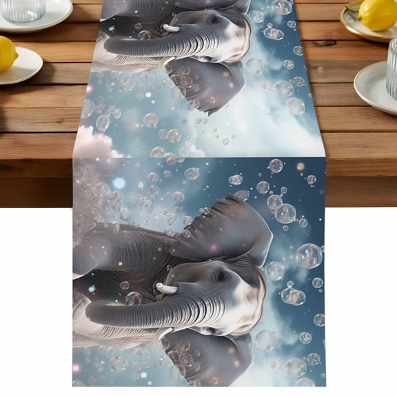 Cute Elephants Table Runner, Fantasy Cotton Linen Table Cloth, Bubbles Tablerunner for Kitchen Dining Party Wedding Home Decor 13x36 Inch