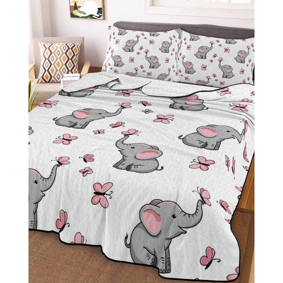 Cute Elephants Twin Size Down Alternative Comforter, Lightweight Comforter Quilt Bedding Set with Pillow Shams Cartoon Funny Butterflies Pink All Seasons Bed Comforter Duvet Insert 68"x86"