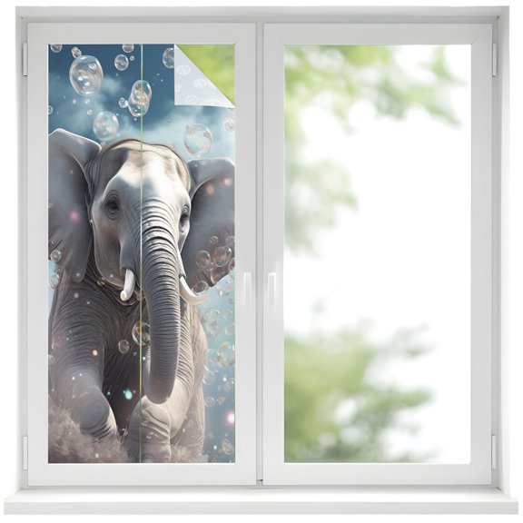 Cute Elephants Window Privacy Film 17.7x39.3in Fantasy Bubbles Decorative Window Film with Static Cling, UV Filtering Window Cling Privacy Film for Glass Doors and Windows