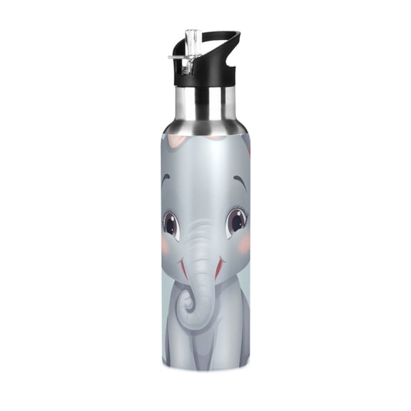 Cute Elephants with Bowknot Sports Bottle with Straw Stainless Steel Water Jug Portable Thermal Cup Leak-proof 600ML
