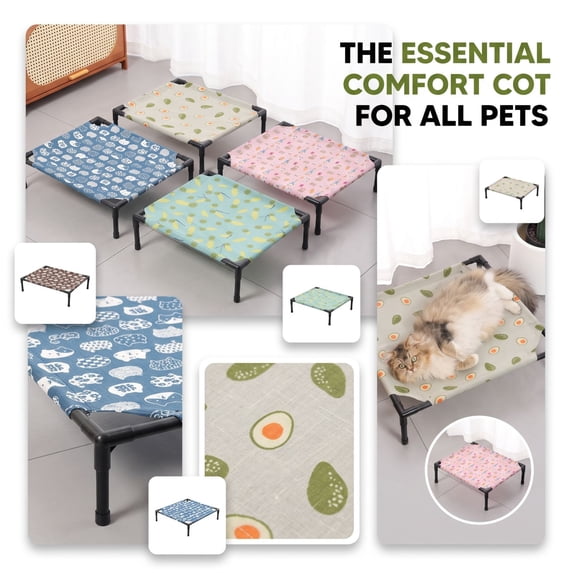 Cute Elevated Cat Bed Raised Pet Cot with Fun Print, Cooling Breathable Mesh for Cats Kittens Small Dogs, Avocado Cartoon Pattern Kitten Puppy Bed Indoor Outdoor