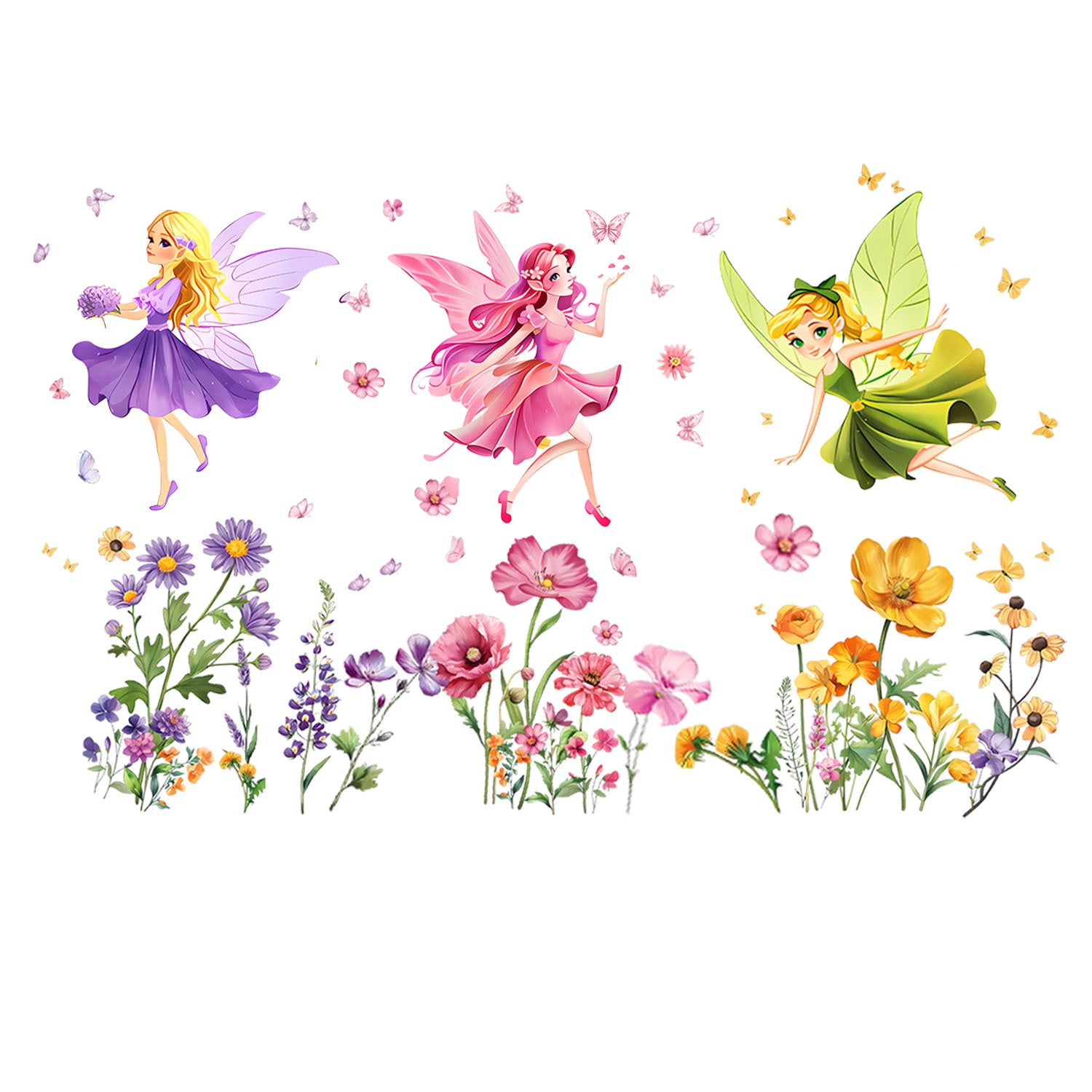 Cute Elf Butterfly Flowers Wall Decals Colorful Cartoon Stickers Girls