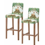 Cute Elk Forest Bar Stool Covers Set of 2, Green Trees Cone Leaves Mushroom Stretch Washable Bar Chair Covers with Backs, Removable Pub Counter Height Chair Cover for Kitchen Dining Room Cafe