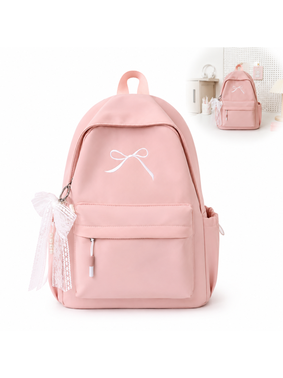Cute Embroidered Bow Nylon Backpack with Pearl Lace Charm, Lightweight JapaneseStyle Adult Daily Fashion Backpack