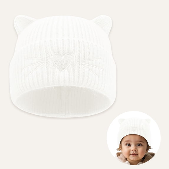 Cute Embroidered Cat Knit Hat for Kids Winter Warmer Cozy with Soft Yarn and Ear Detail Ideal for Daily Outdoor Seasonal Wear, 6-36Months, White