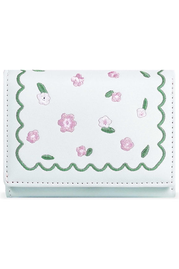 Cute Embroidered Small Flowers Wallet Card Holder, Small Trifold Mini Thin Short Wallet, Aesthetic Kawaii Coquette Leather Pocket Wallet For Girls, Women, Ladies（blue）