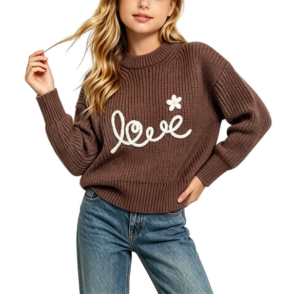 Cute Embroidered Sweaters Girls Casual Chunky Knit Oversized Sweater Winter Fall Pullover Tops Brown, 12 M