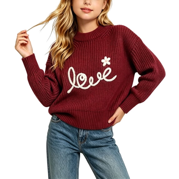 Cute Embroidered Sweaters Girls Casual Chunky Knit Oversized Sweater Winter Fall Pullover Tops Wine, 12 M