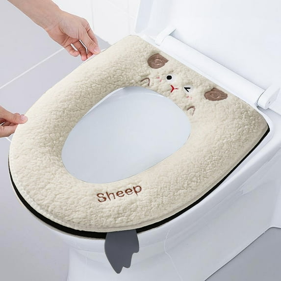 Cute Embroidery Toilet Seat Cover | Soft Polyester Washer Toilet Seat | Easy Installation with Zipper | Waterproof & Washable | 43x37cm Household Bathroom Decor