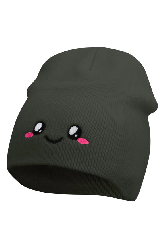 Cute Emoji Face Embroidered 8 Inch Knitted Short Beanie - Dk Grey OSFM