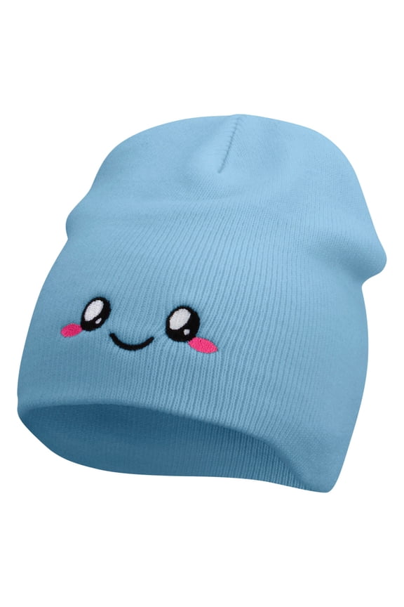 Cute Emoji Face Embroidered 8 Inch Knitted Short Beanie - Lt Blue OSFM